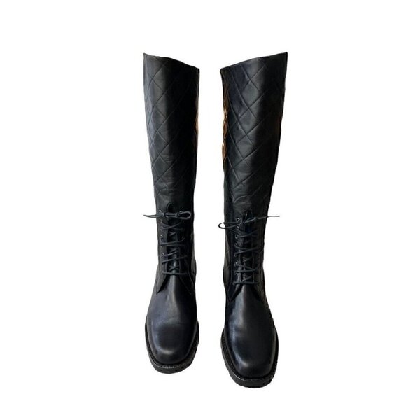 St John Marie Grey Knee High Black Quilted Leather Tall Riding Boots 6 - Picture 1 of 10